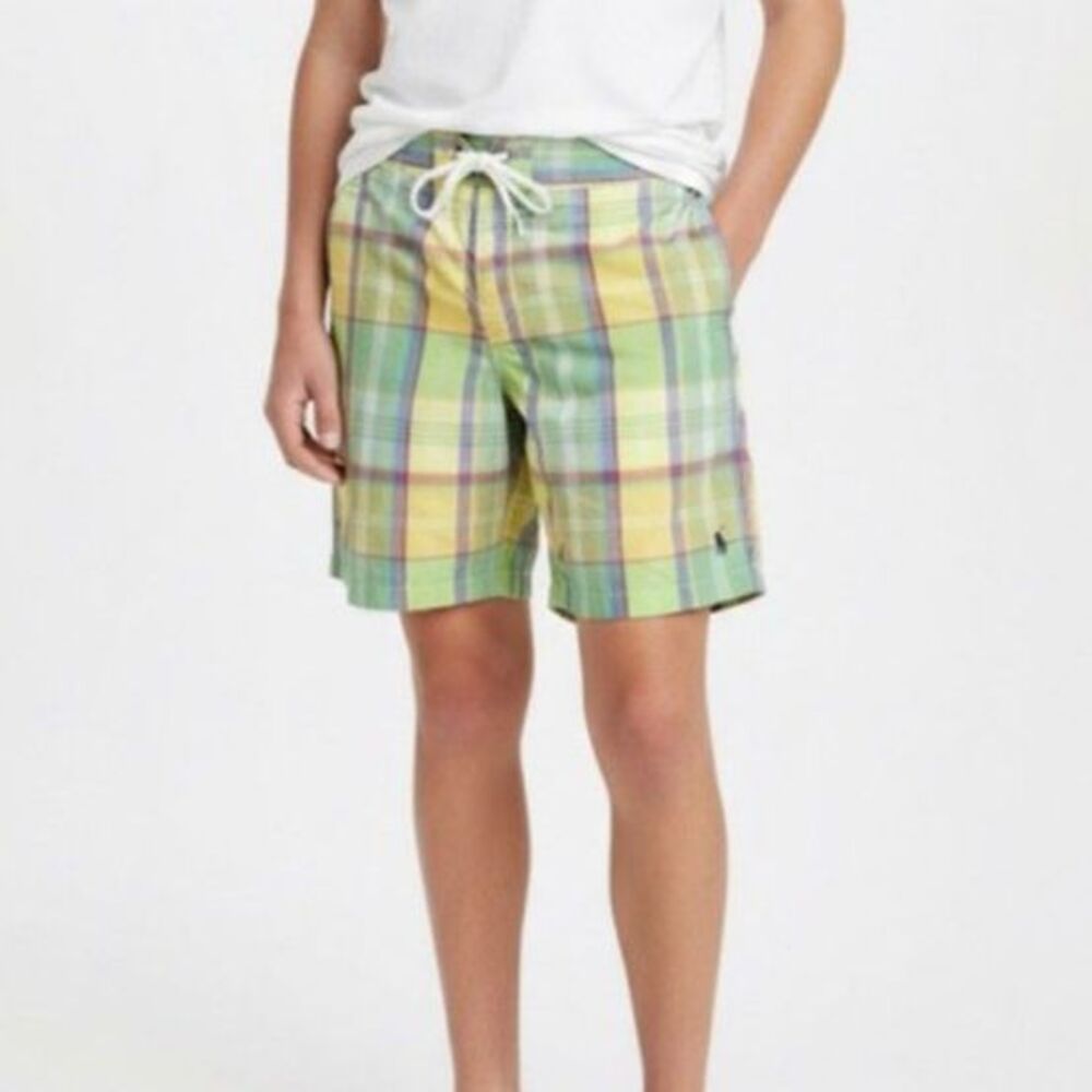 Polo Ralph Lauren Boys Yellow Green Blue Plaid Board Shorts Swim Trunks Size L